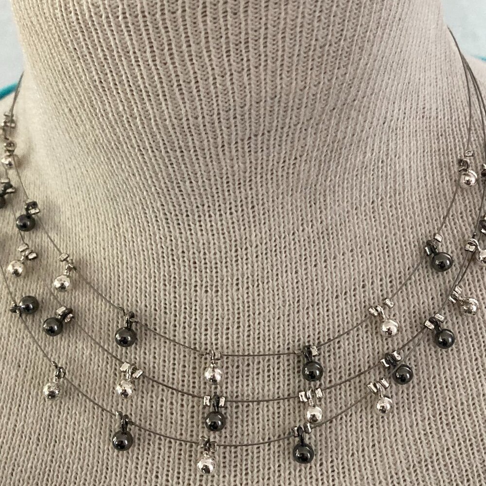 3 tier hematite and sliver necklace - 1980s